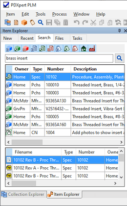 PDXpert Item Explorer retains previous work and provides free-form text search PDXpert PLM software Item Explorer window