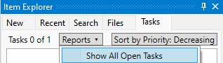 Item Explorer Tasks tab: Reports drop-down with a TaskList transform example